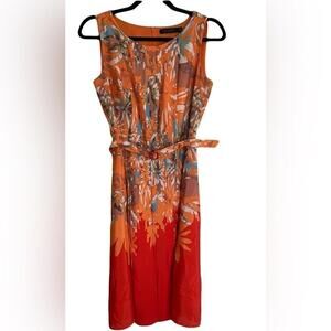 The Limited Orange Red Multicolored Floral Pleated Sleeveless Dress with Belt